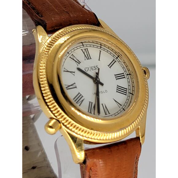 Vintage GUESS Gold-Tone Roman Numeral Analog Watch with Brown Leather Strap